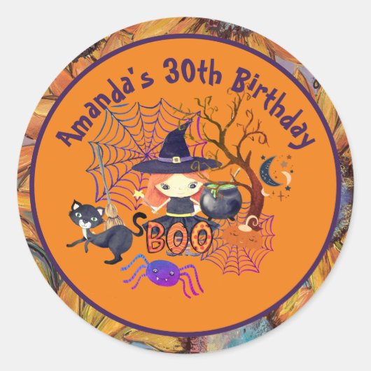 ハロウィーンウィッチバースデーパーティーオレンジ ラウンドシール (正面)