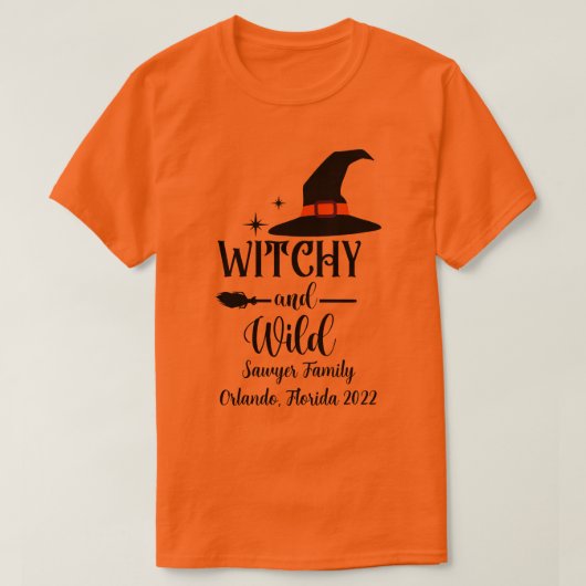 ハロウィーンウィッチパーソナライズネームグループバケーション Tシャツ (デザイン正面)