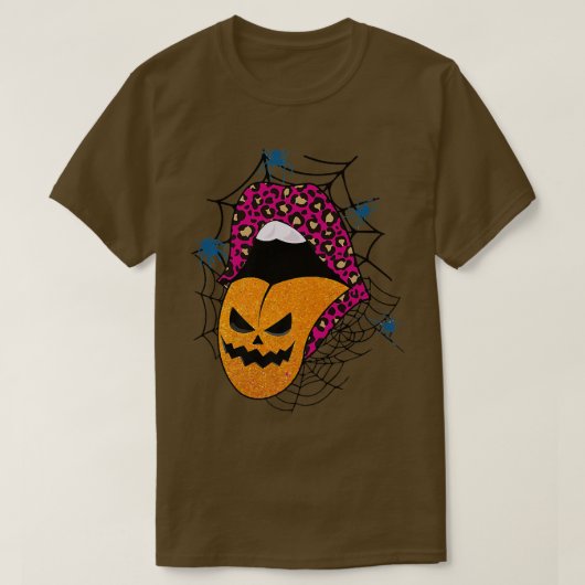 ハロウィーンウィッチピンクリップヒョウ柄パンプキン Tシャツ (デザイン正面)