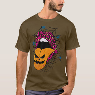 ハロウィーンウィッチピンクリップヒョウ柄パンプキン Tシャツ