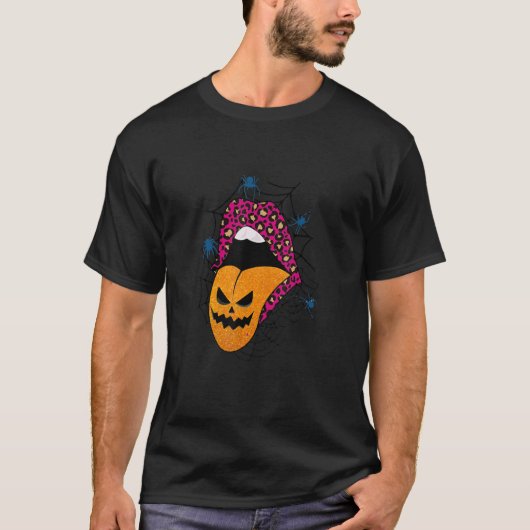 ハロウィーンウィッチピンクリップヒョウ柄パンプキン Tシャツ (正面)