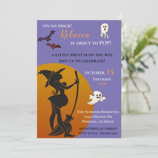 ハロウィーンウィッチベイビーシャワー幽霊たちこうもり 招待状 (スタンド正面)