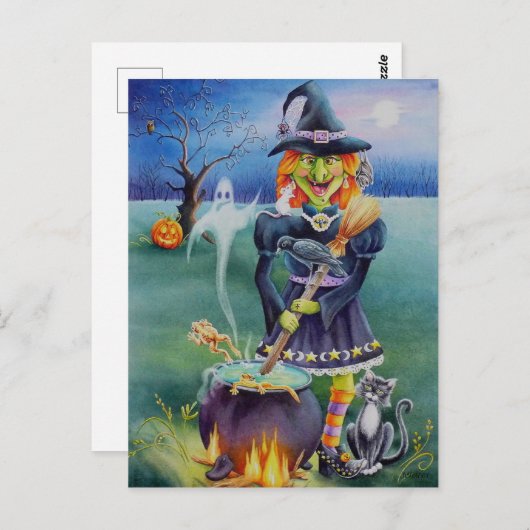 ハロウィーンウィッチ&クリッターフレンズウォーターカラーアート ポストカード (正面/裏面)