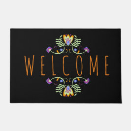 ハロウィーンウェルカムフォークフラワーオレンジパープル ドアマット