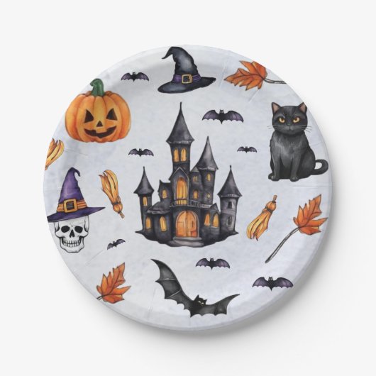 ハロウィーンウォーターカラーカボチャスカルこうもり猫パターン ペーパープレート (正面)