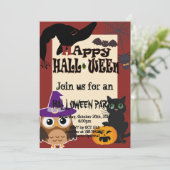 ハロウィーンエレメントキャットフクロウカボチャパーティー 招待状 (スタンド正面)
