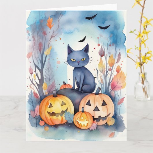 ハロウィーンオリエンタルブルー猫かぼちゃ怖い カード (黄色い花)