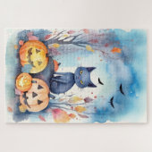 ハロウィーンオリエンタルブルー猫かぼちゃ怖い ジグソーパズル (横)