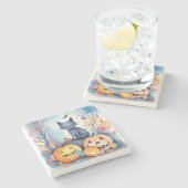 ハロウィーンオリエンタルブルー猫かぼちゃ怖い ストーンコースター (横)