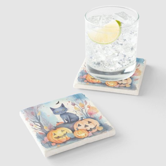 ハロウィーンオリエンタルブルー猫かぼちゃ怖い ストーンコースター (横)