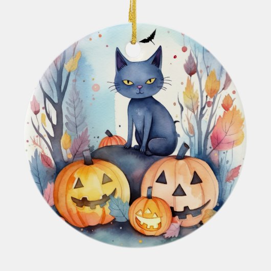 ハロウィーンオリエンタルブルー猫かぼちゃ怖い セラミックオーナメント (裏面)