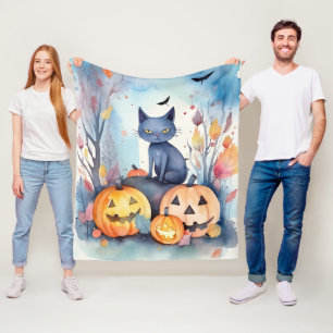 ハロウィーンオリエンタルブルー猫かぼちゃ怖い フリースブランケット