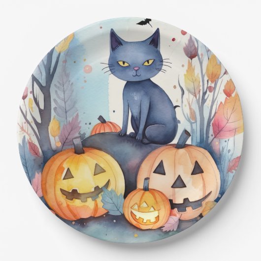 ハロウィーンオリエンタルブルー猫かぼちゃ怖い ペーパープレート (正面)
