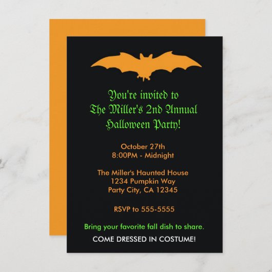 ハロウィーンオレンジこうもりオンブラックパーティの招待状 招待状 (正面/裏面)