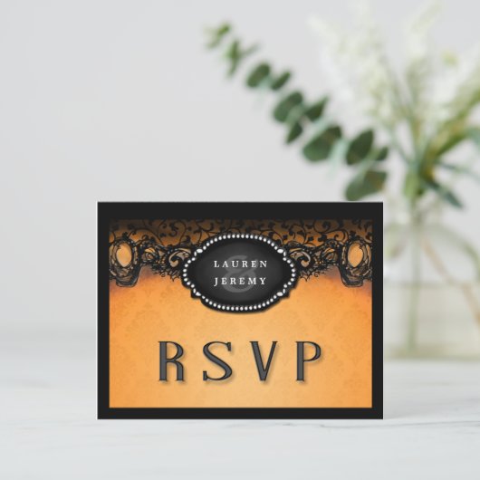 ハロウィーンオレンジとブラックエレガントマッチングRSVP インビテーションポストカード (スタンド正面)