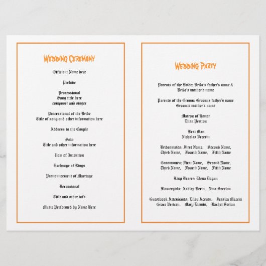 ハロウィーンオレンジとブラックスカル結婚式プログラム (裏面)