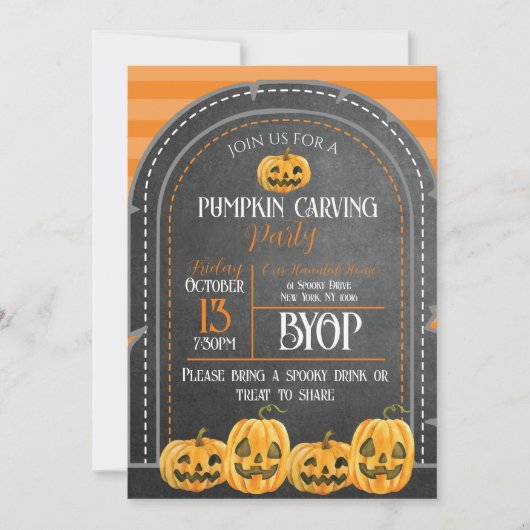 ハロウィーンオレンジとブラックパンプキンカービング 招待状 (正面)