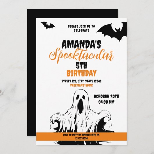 ハロウィーンオレンジとホワイトホラー幽霊誕生日 招待状 (正面/裏面)