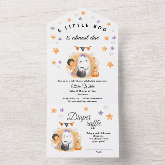 ハロウィーンオレンジのリトル幽霊ガールベビーシャワー オールインワン招待状 (内側)