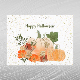 ハロウィーンオレンジカボチャ金ゴールド紙吹雪花 シーズンポストカード