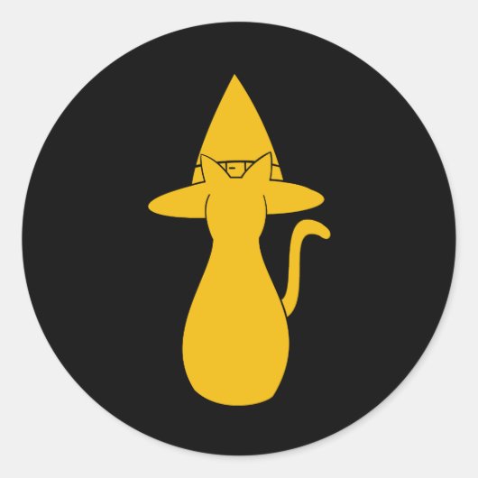 ハロウィーンオレンジシルエットしゃれた帽子をかぶった猫 ラウンドシール (正面)