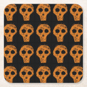 ハロウィーンオレンジスカルパターン スクエアペーパーコースター (正面)