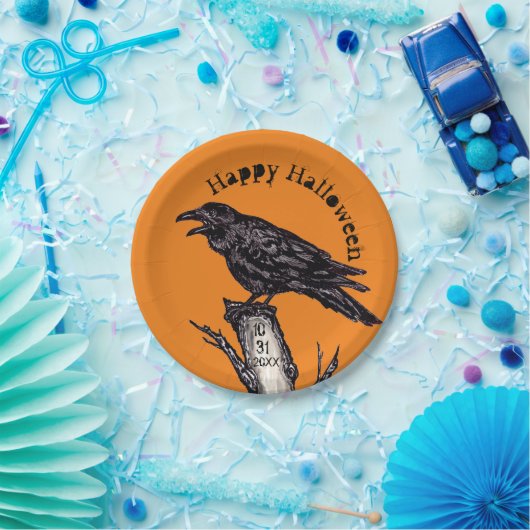 ハロウィーンオレンジ色の黒いカラス日付ゴシック ペーパープレート (パーティー)