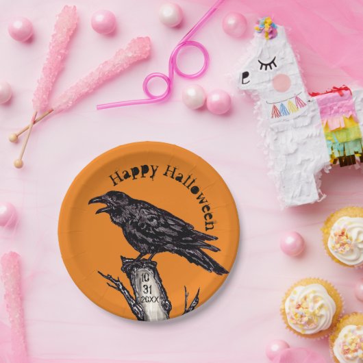 ハロウィーンオレンジ色の黒いカラス日付ゴシック ペーパープレート (パーティー)