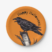 ハロウィーンオレンジ色の黒いカラス日付ゴシック ペーパープレート (正面)