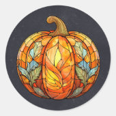 ハロウィーンオレンジ色ステンドグラスパンプキン ラウンドシール (正面)