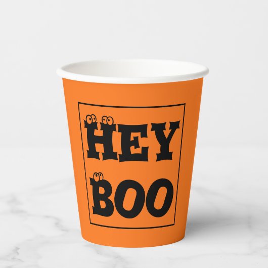 ハロウィーンオレンジ&ブラック上の名前Hey Boo目玉 紙コップ (正面)