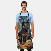 ハロウィーンオーストラリアのケルピーとカボチャ怖い エプロン (着用した状態)