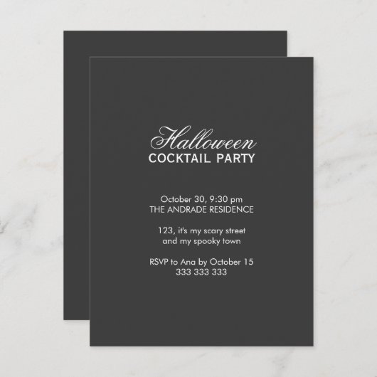 ハロウィーンカクテルパーティースクリプトフォント白黒 招待状 (正面/裏面)