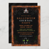 ハロウィーンカクテルパーティーブラックオレンジ縁どスカル 招待状 (正面/裏面)