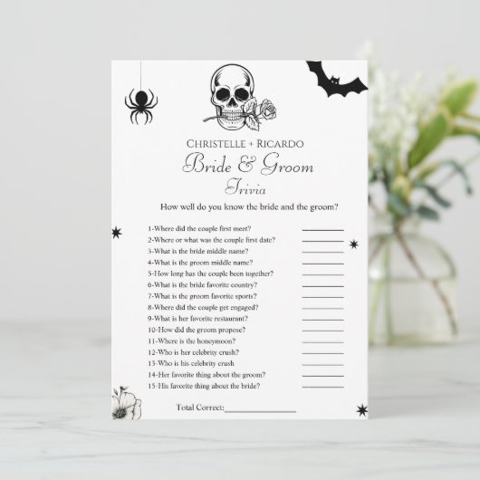 ハロウィーンカップルのトリビアブライダルシャワーゲームカード 案内状 (スタンド正面)