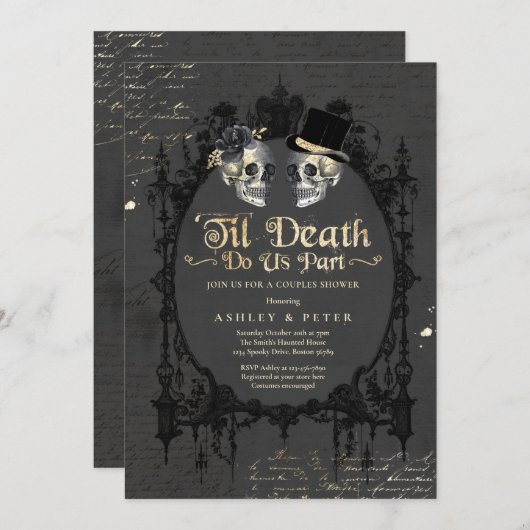 ハロウィーンカップルズシャワー婚約ゴシックスカル 招待状 (正面/裏面)