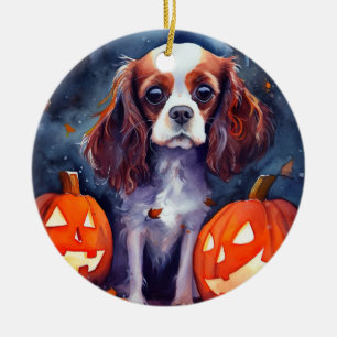 ハロウィーンカバリヤキングチャールズスパニエル犬パンプキンス セラミックオーナメント
