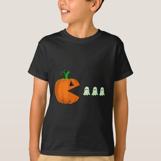 ハロウィーンカボチャおもしろい幽霊男の子キッズ女性の男性 Tシャツ (正面)
