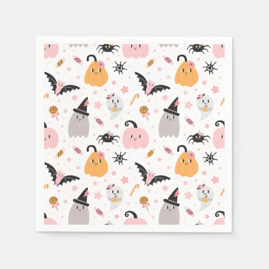 ハロウィーンカボチャこうもり、クモ、幽霊、キャンディ スタンダードカクテルナプキン (正面)