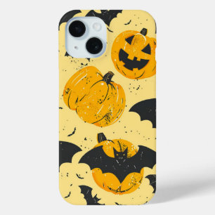 ハロウィーンカボチャとこうもりパターンヴィンテージ iPhone 15ケース
