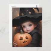 ハロウィーンカボチャのかわいい小さな魔女 ポストカード (正面/裏面)