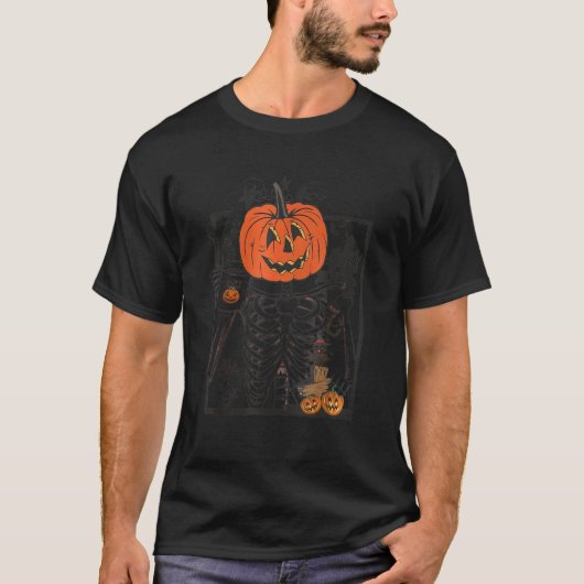 ハロウィーンカボチャのスケルトン飲みコーヒー Tシャツ (正面)
