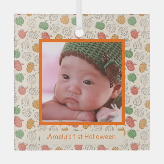 ハロウィーンカボチャのパターンオレンジ色の写真名 ガラスオーナメント (正面)