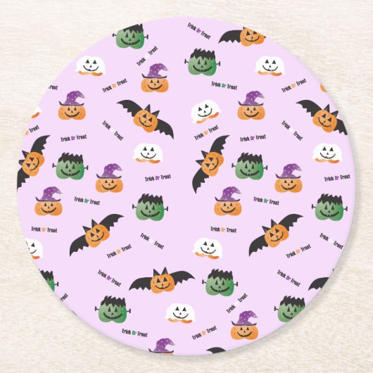 ハロウィーンカボチャのパターン紫のトリックまたは治療 ラウンドペーパーコースター (正面)