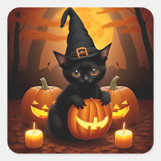 ハロウィーンカボチャの中でウィッチハットの黒い子猫 スクエアシール (正面)