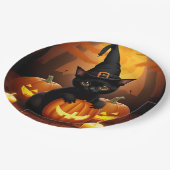 ハロウィーンカボチャの中でウィッチハットの黒い子猫 ペーパープレート (アングル)