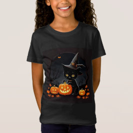 ハロウィーンカボチャの中でウィッチハットの黒い子猫 Tシャツ