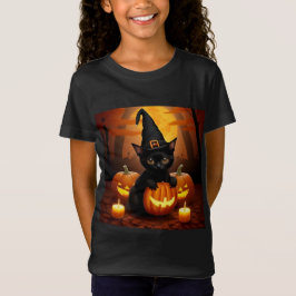 ハロウィーンカボチャの中でウィッチハットの黒い子猫 Tシャツ