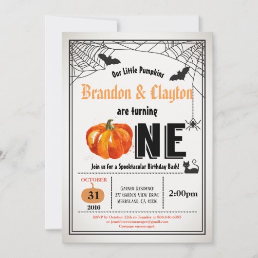 ハロウィーンカボチャの双子の第1誕生会 招待状 (正面)