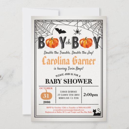 ハロウィーンカボチャの双子男の赤ちゃんシャワー田舎 招待状 (正面)
